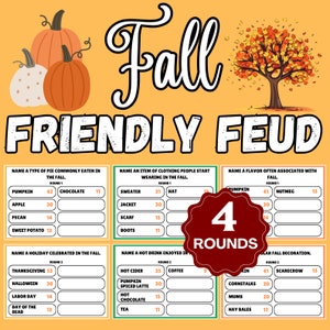 May include: A colorful fall-themed game board with the words "Fall Friendly Feud" in a playful font. The board features pumpkins, a tree with autumn leaves, and categories like "Pie," "Clothing," and "Holiday."