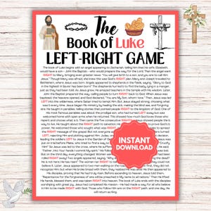 Könnte beinhalten: Eine druckbare Spielkarte mit rotem Hintergrund und weißem Text. Die Karte zeigt eine Comic-Illustration von Jesus und einem Kreuz. Der Text lautet "The Book of Luke Left-Right Game".