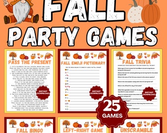 May include: A colorful fall-themed party game set with 25 games, including bingo, trivia, and emoji pictionary. The image features pumpkins, autumn leaves, and a gnome illustration. Text includes "Fall Party Games" and "Instant Download."