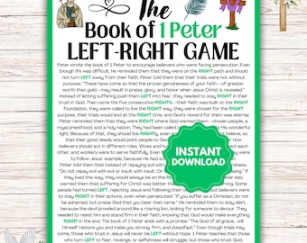 Op de afbeelding: Een groene, afdrukbare spelkaart met een kruis en een duif aan de linker- en rechterkant. De kaart bevat de tekst "The Book of 1 Peter LEFT-RIGHT GAME" en een beschrijving van het spel. De tekst op de kaart is in zwart en wit.