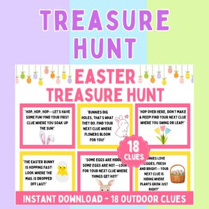 May include: A pink and yellow printable Easter treasure hunt with 18 clues. The clues are written in a fun, playful font and feature cute bunny illustrations. The text on the clues includes phrases like "Hop, hop, hop", "Bunnies dig holes", and "Some eggs are hidden".