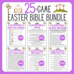 May include: A printable Easter Bible game bundle with 25 different games. The games include Easter Bible Emoji Pictionary, Easter Bible Trivia, Easter Bible Plate on Head, Easter Bible Left-Right Game, Easter Bible Who Was It, and Easter Bible Riddle Me That. The games are designed to be fun and educational for kids and adults.