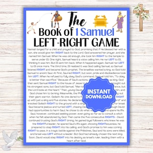 May include: A colorful print titled "The Book of 1 Samuel LEFT-RIGHT GAME" with illustrations of biblical figures. The text includes the words "Instant Download". The print is designed for educational or religious purposes.