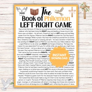 Könnte beinhalten: Eine druckbare Spielkarte mit gelbem Hintergrund und weißem Rand. Die Karte trägt den Titel "The Book of Philemon LEFT-RIGHT GAME." Der Text erklärt das Spiel und enthält die Wörter "RIGHT" und "LEFT" in Fettdruck. Die Karte enthält auch eine Grafik einer Taube, eines Kreuzes und eines Buches.