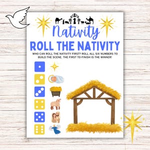 May include: A printable game board for a Nativity Roll the Nativity game. The board features a blue and yellow color scheme with a manger, a star, a baby Jesus, a sheep, Mary and Joseph, and an angel. The text on the board reads "Nativity Roll the Nativity" and "Who can roll the Nativity first? Roll all six numbers to build the scene. The first to finish is the winner!"