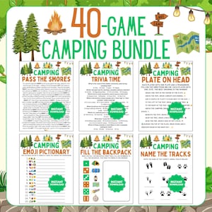 May include: A green and white camping-themed bundle with six different games. The games include trivia, emoji pictionary, and a game called "Pass the S'mores". Each game has instructions and a space for an instant download.