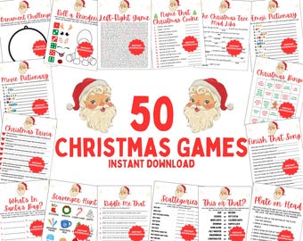 Könnte beinhalten: Eine Collage aus 50 druckbaren Weihnachts-Spielen mit einer roten und weißen Illustration von Weihnachtsmann. Die Spiele beinhalten: Ornament Challenge, Roll a Reindeer, Left-Right Game, Movie Pictionary, Name That Christmas Cookie, The Christmas Tree Mad Libs, Emoji Pictionary, Christmas Bingo, Christmas Trivia, Finish That Song, What's In Santa's Bag?, Scavenger Hunt, Riddle Me That, Scattegories, This or That?, Plate on Head.