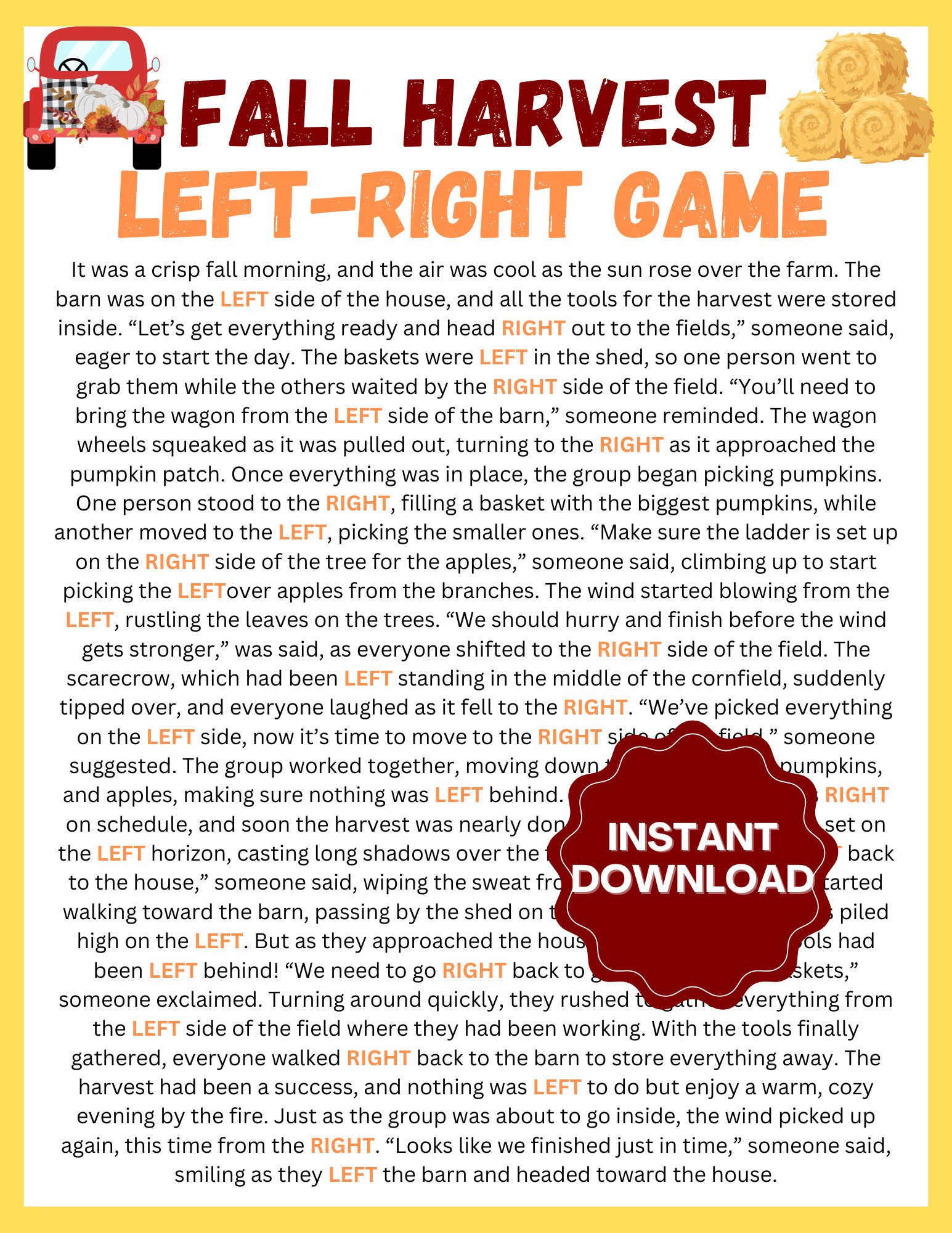 Fall Left-right Game L Fall Printable Games L Left-right Fall Harvest ...