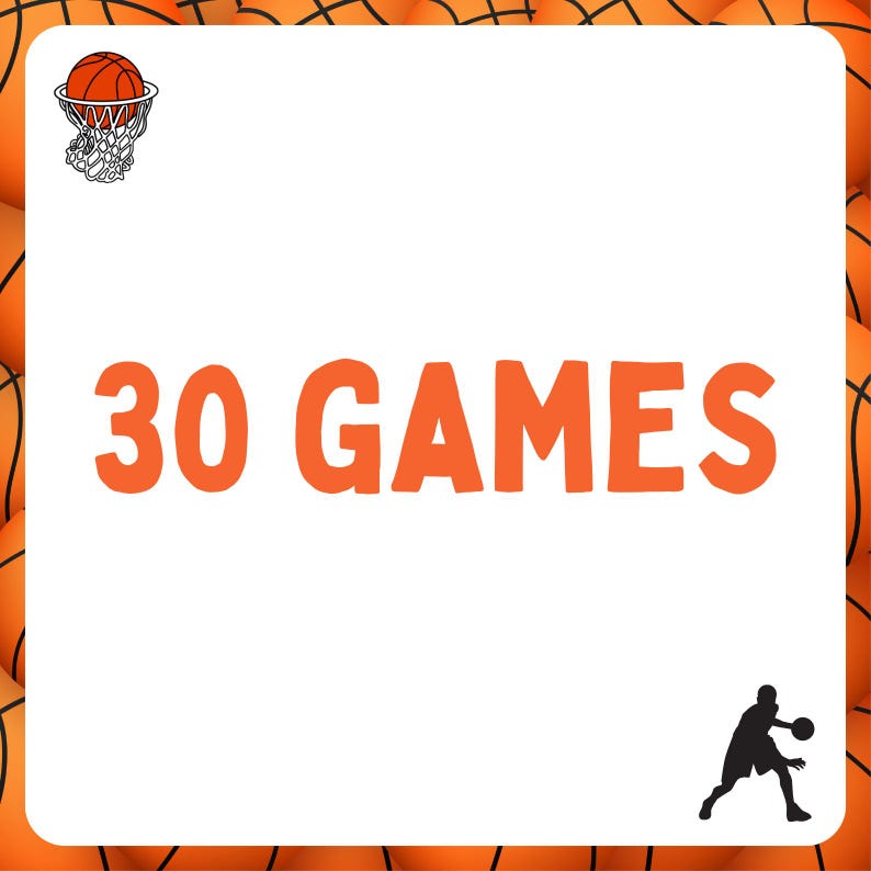 May include: A white square with an orange basketball hoop and ball in the top left corner. The text "30 GAMES" is in large orange letters in the center of the square. A black silhouette of a basketball player is in the bottom right corner.