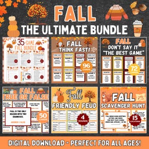 May include: A digital download bundle of fall-themed games, including 'Fall Think Fast!', 'Fall True or False,' and 'Fall Scavenger Hunt.' The bundle features colorful graphics, pumpkins, and autumn leaves, perfect for fall activities.