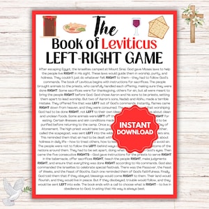 Könnte beinhalten: Eine rot-weiße druckbare Spielkarte mit dem Text "The Book of Leviticus LEFT-RIGHT GAME". Die Karte erklärt die Regeln des Spiels, bei dem es darum geht, zwischen richtigen und falschen Handlungen zu wählen, die auf dem Buch Levitikus basieren.
