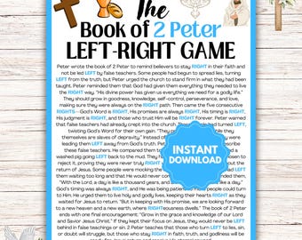 Op de afbeelding: Een blauwe en witte printbare spelkaart met de tekst "The Book of 2 Peter LEFT-RIGHT GAME". De kaart toont een kruis, een kelk, brood en een duif. De tekst legt uit hoe je het spel speelt, dat gebaseerd is op het boek 2 Petrus in de Bijbel.