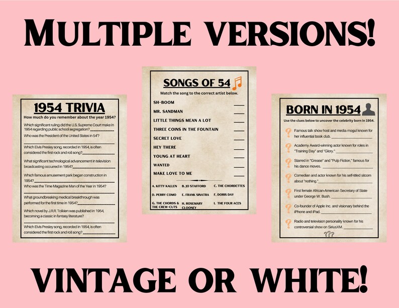 70th Birthday Party Game Cards - 1954 Trivia & Games, 20 Double-Sided Cards With Answers (5x7 Inches)
