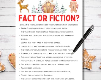May include: A Christmas-themed worksheet titled "FACT OR FICTION?" in red, with a list of statements to assess. A black pen lies on the paper, and gingerbread biscuits decorate the edges. The worksheet is designed for festive fun.