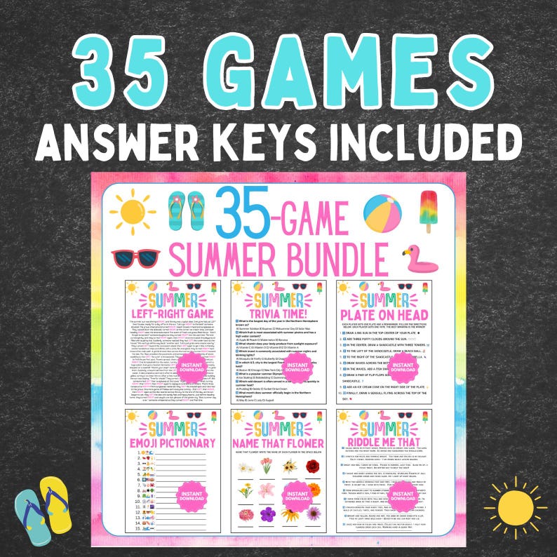 May include: A colorful summer game bundle with the text "35 GAMES ANSWER KEYS INCLUDED". The bundle includes six different summer-themed games, such as trivia and emoji pictionary, with a pink and blue design. A pair of flip-flops is in the lower left corner.