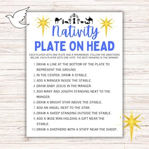 May include: A printable game instruction sheet with a blue and white title "Nativity Plate on Head". The instructions are for a game where players draw a nativity scene on a plate.