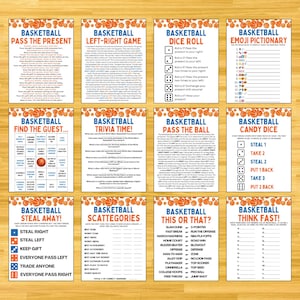 May include: A set of printable basketball-themed party game cards with orange and blue accents. The cards feature various games like "Pass the Present", "Find the Guest", "Basketball Trivia", "Pass the Ball", "Steal Away", "Basketball Scattegories", "This or That", "Basketball Candy Dice", and "Think Fast".