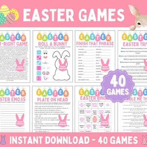 May include: A printable set of 40 Easter games for kids. The games include Easter trivia, bingo, left-right game, roll a bunny, finish that phrase, plate on head, and riddle me that. The games are pink and white with bunny illustrations.