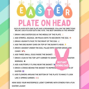 May include: A printable Easter game instruction sheet with a pink bunny rabbit graphic and the text "Easter Plate on Head". The instructions include drawing a big Easter egg, a bunny's face, a basket with candy, and other Easter-themed items on a plate.