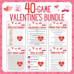 Peut inclure: Un ensemble de jeux de la Saint-Valentin avec six jeux imprimables, dont Emoji Pictionary, Valentine's Trivia et Finish That Song. Le design présente des cœurs roses, une voiture rose et le texte "40-Game Valentine's Bundle."