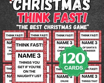 Może przedstawiać: Zestaw kart do gry Christmas Think Fast zawierający 120 kart z czerwono-białymi obwódkami w nordyckie wzory. Karty zawierają różne polecenia, takie jak Name 3 things you get if you are on the naughty list, na ciemnym tle przypominającym tablicę.