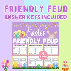 May include: A printable Easter-themed game board with 4 rounds of questions. The game is called "Easter Friendly Feud". The board is decorated with pastel colors and images of Easter eggs and a bunny rabbit.