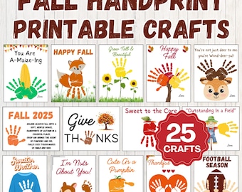 May include: A set of 12 printable autumn-themed handprint crafts. Designs include a corn, fox, sunflowers, tree, deer, apple, scarecrow, sweater, squirrel, pumpkin, heart, and football. Text includes "Fall Handprint Printable Crafts", "Happy Fall", and "25 Crafts".