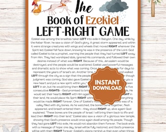 May include: A printable game for kids about the Book of Ezekiel in the Bible. The game is designed to help children learn about the story of Ezekiel and the importance of following God's will. The game features a colorful illustration of a chariot and a storm cloud, along with the text "The Book of Ezekiel LEFT-RIGHT GAME".