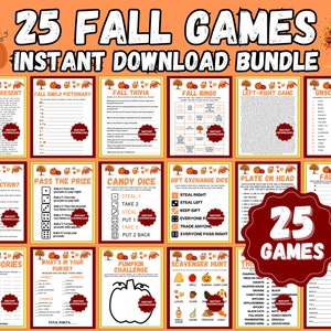 May include: A collection of 25 fall-themed games, presented as an instant download bundle. The design features a warm color palette with pumpkins and autumn leaves. Each game has a unique title and instructions, perfect for seasonal gatherings.