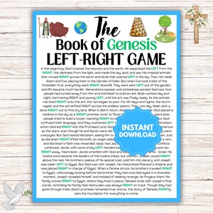 May include: A printable educational game for kids about the Book of Genesis. The game is designed to help children learn about the Bible story by matching the events to the correct side of the page, left or right. The game features colorful illustrations and a fun, interactive format.