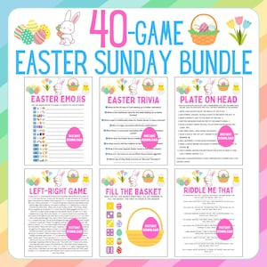May include: A printable Easter Sunday game bundle with 40 games. The games include Easter Emojis, Easter Trivia, Plate on Head, Left-Right Game, Fill the Basket, and Riddle Me That. The games are designed for kids and adults to play together.