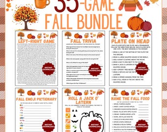 May include: A digital download graphic with a fall theme, featuring a 35-game bundle. The image includes games like Fall Trivia, Plate on Head, and Fall Emoji Pictionary, with pumpkins, leaves, and a cosy sweater.