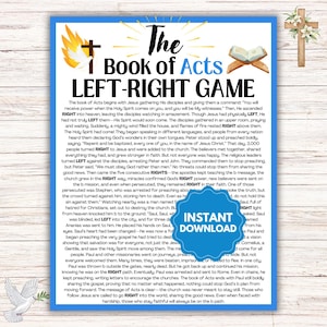 Puede incluir: Un juego imprimible basado en el Libro de los Hechos de la Biblia. El juego está diseñado para ser jugado por dos personas, con cada persona tomando turnos para responder preguntas sobre el Libro de los Hechos. El juego está ilustrado con una cruz, una paloma y un fondo azul.