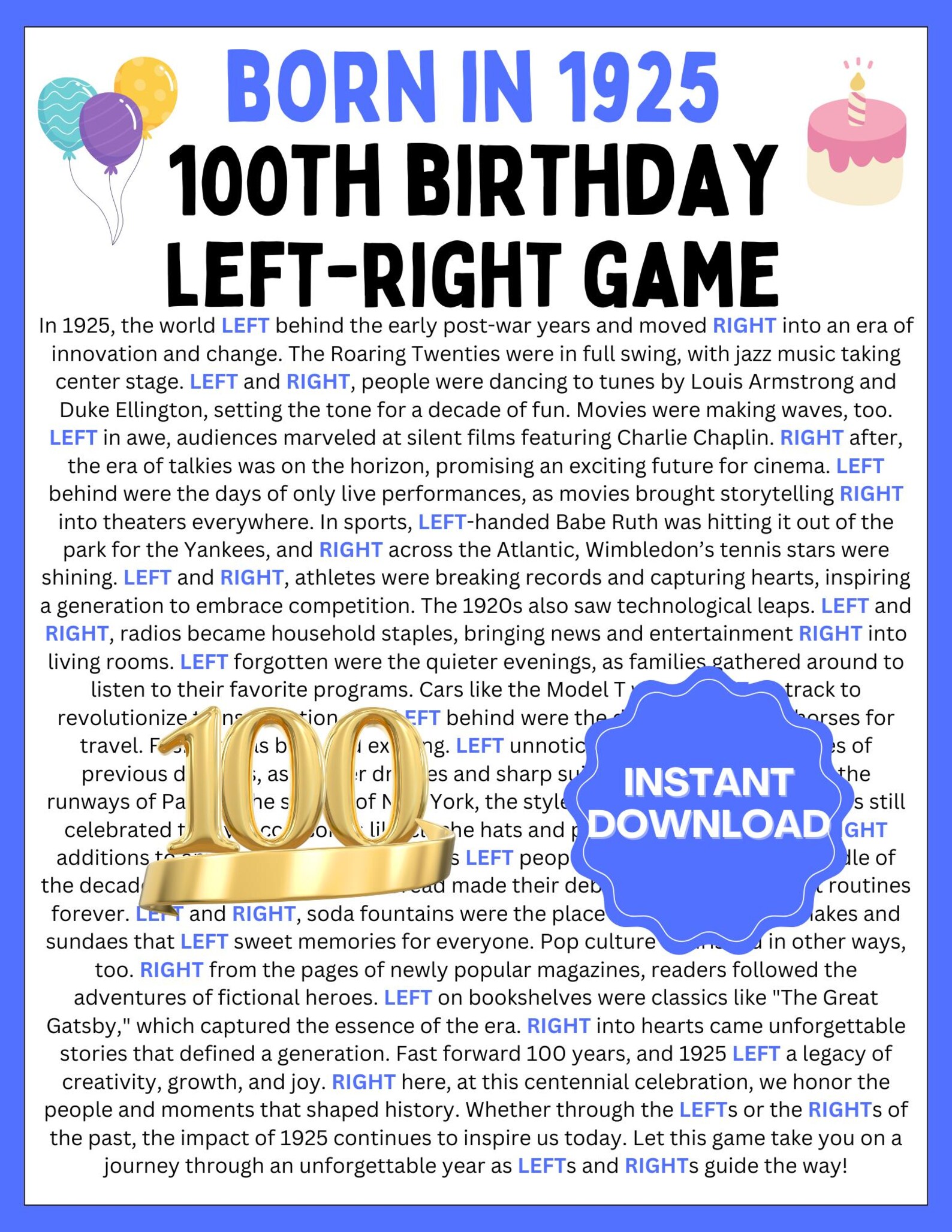 100th Birthday Game | Born in 1925 Games | Left-right Birthday Game ...