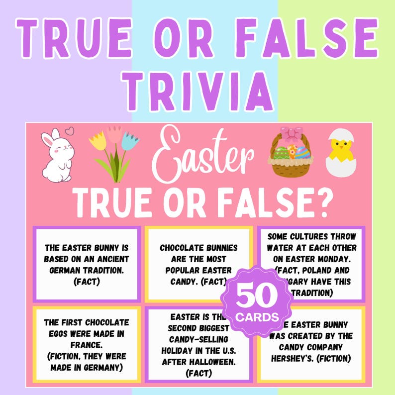 May include: A pink and yellow printable Easter trivia game with 50 cards. The game features true or false questions about Easter traditions and facts.  The questions include: The Easter bunny is based on an ancient German tradition. Chocolate bunnies are the most popular Easter candy. Some cultures throw water at each other on Easter Monday. The first chocolate eggs were made in France. Easter is the second biggest candy-selling holiday in the U.S. after Halloween. The Easter bunny was created by the candy company Hershey's.