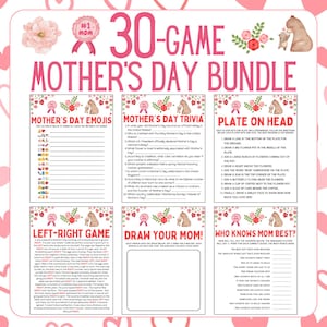 May include: A printable Mother's Day game bundle with 30 different games. The games include Mother's Day Emojis, Mother's Day Trivia, Plate on Head, Left-Right Game, Draw Your Mom, and Who Knows Mom Best. The games are designed to be played with family and friends.