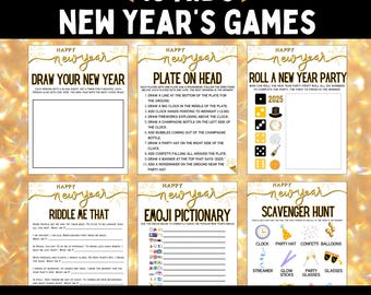 May include: A digital download featuring six New Year's games for kids, including "Draw Your New Year," "Plate on Head," and "Roll a New Year Party." The games have a festive design with confetti and fireworks, perfect for a New Year's Eve celebration.