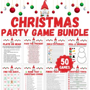 May include: A printable Christmas party game bundle with 50 games. The games include "Plate on Head", "Pass the Present", "Emoji Pictionary", "Roll a Snowman", "Find the Guest", "Name That Christmas Cookie", "Finish That Song", and "Christmas Trivia".
