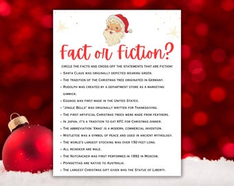 May include: A printable Christmas trivia game with a red border and a cartoon image of Santa Claus. The game asks players to circle the facts and cross off the statements that are fiction. The game includes 14 statements about Christmas traditions, history, and folklore.