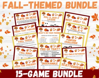 May include: A fall-themed bundle of 15 games, featuring colorful cards with autumn graphics like pumpkins, leaves, and mugs. Games include trivia, bingo, and emoji pictionary, perfect for fall gatherings.