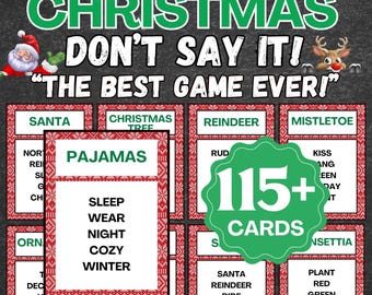 Może przedstawiać: Zestaw świątecznych gier z kartami o czerwono-białych wzorzystych obramowaniach. Gra nosi tytuł CHRISTMAS DON'T SAY IT! THE BEST GAME EVER! i zawiera zieloną odznakę z napisem 115+ CARDS. Każda karta zawiera główne słowo oraz powiązane z nim terminy.