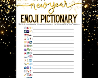 Może przedstawiać: Biała karta do gry Emoji Pictionary ze złotym napisem "Happy New Year". Karta zawiera linie na odpowiedzi i wskazówki emoji do gry na imprezie sylwestrowej.