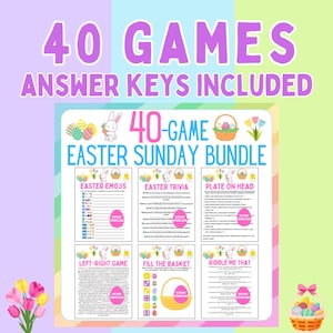 May include: A printable Easter Sunday game bundle with 40 games, including Easter Emojis, Easter Trivia, Plate on Head, Left-Right Game, Fill the Basket, and Riddle Me That. Answer keys are included.