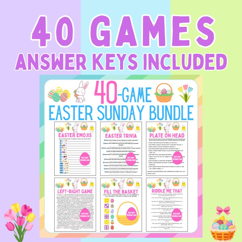 May include: A printable Easter Sunday game bundle with 40 games, including Easter Emojis, Easter Trivia, Plate on Head, Left-Right Game, Fill the Basket, and Riddle Me That. Answer keys are included.
