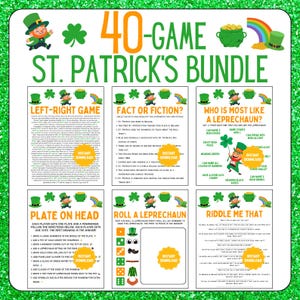 May include: A green and white St. Patrick's Day game bundle with the text "40-Game St. Patrick's Bundle." The image includes various game prompts, leprechaun illustrations, and the words "Instant Download."