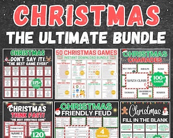 May include: A digital download bundle featuring Christmas-themed party games on a black chalkboard background. The set includes printable cards and sheets for games like Don't Say It, Christmas Charades, Think Fast, Friendly Feud, and Fill in the Blank.