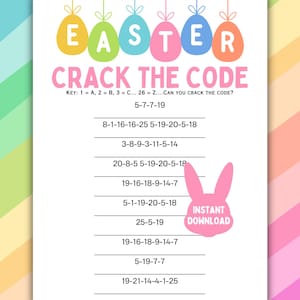 May include: A printable Easter-themed code-cracking activity with a pink bunny rabbit illustration. The code uses numbers to represent letters of the alphabet. The text reads "EASTER CRACK THE CODE KEY: 1 = A, 2 = B, 3 = C... 26 = Z... CAN YOU CRACK THE CODE? 5-7-7-19 8-1-16-16-25 5-19-20-5-18 3-8-9-3-11-5-14 20-8-5 5-19-20-5-18 19-16-18-9-14-7 5-1-19-20-5-18 25-5-19 19-16-18-9-14-7 5-19-7-7 19-21-14-4-1-25 INSTANT DOWNLOAD"