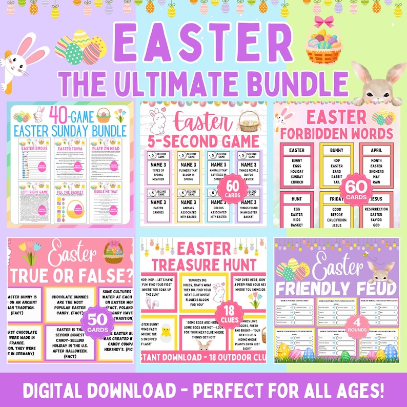 May include: A colorful digital download bundle of Easter games for kids and adults. The bundle includes 40 games, 60 cards, 50 cards, 18 clues, and 4 rounds. The games include Easter trivia, Easter egg hunts, Easter bingo, and more.