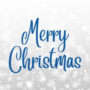 May include: A white background with a blue cursive inscription that reads "Merry Christmas" with a white snowflake pattern.