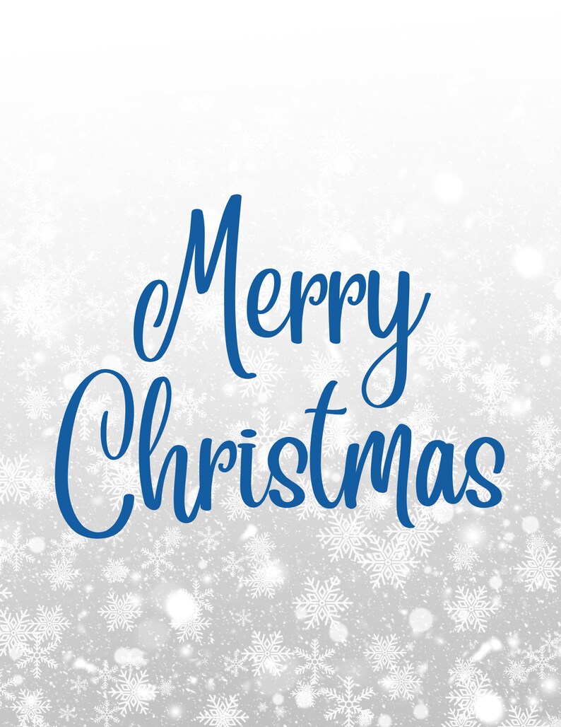 May include: A white background with a blue cursive inscription that reads "Merry Christmas" with a white snowflake pattern.